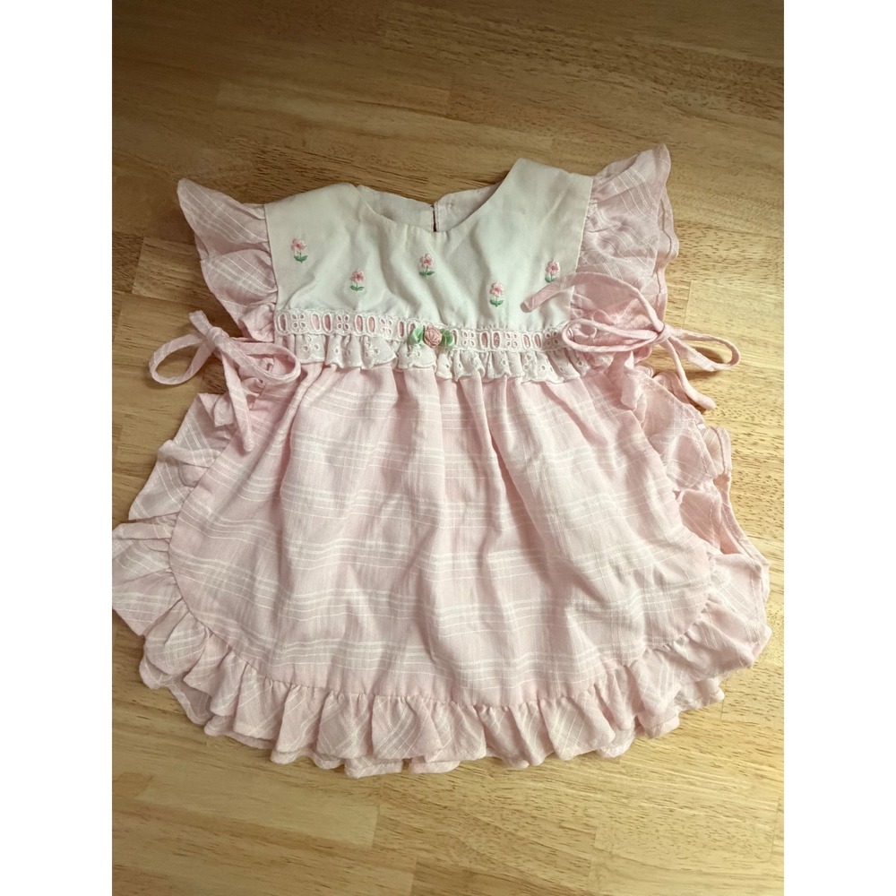 Baby Togs Vintage Pink Plaid Floral Eyelet Ruffle Pinafore Top 6-9 Months